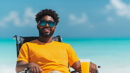 Naklejka premium Relaxing man in sunglasses enjoying drink on sunny beach