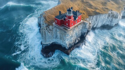 Red Lighthouse Stands Strong Against Powerful Ocean Waves