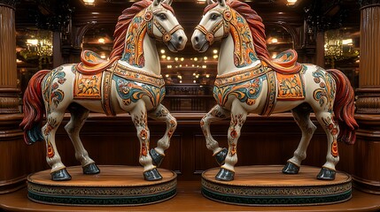 Ornate carousel horses, wooden base, dark room, reflection