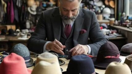 In a cozy workshop filled with various hats, a skilled artisan meticulously stitches fabric, showcasing passion and dedication to his craft. Every creation embodies timeless style.