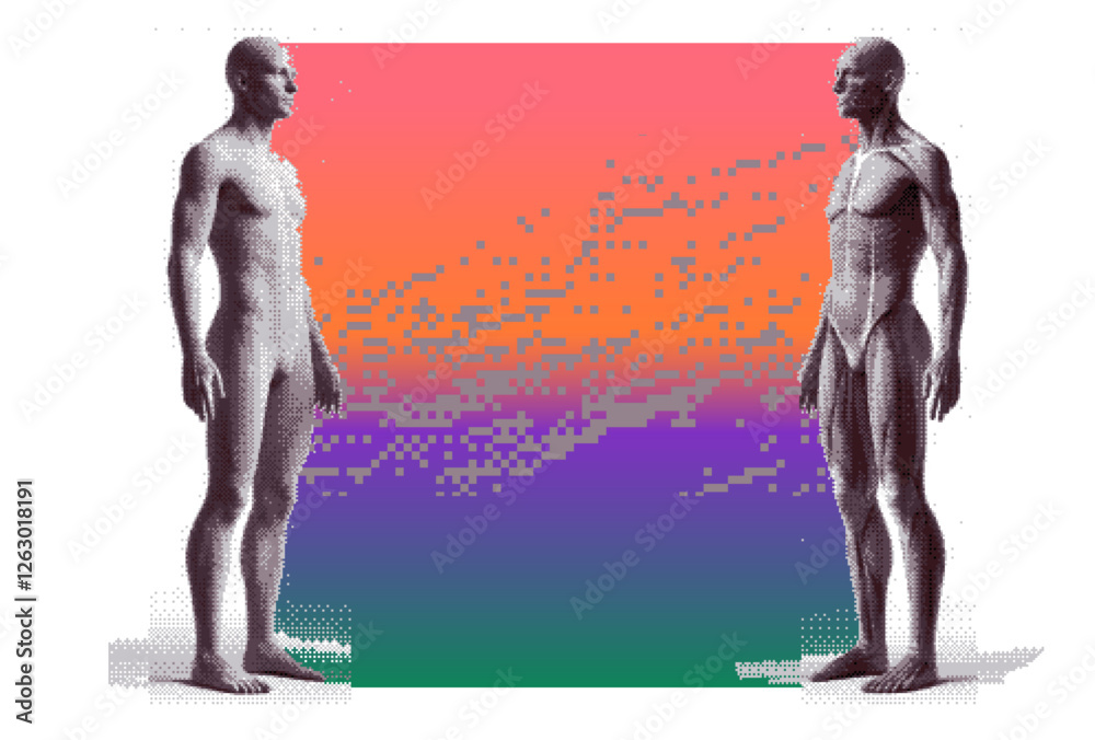 Poster futuristic vector illustration of two 8-bit human figures standing against a glitchy, rainbow gradie