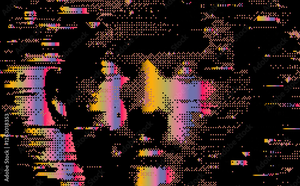 Poster digital vector illustration features a glitchy, pixelated portrait with a black background. it has v