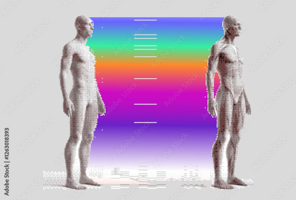 Poster futuristic vector illustration of two 8-bit human figures standing against a glitchy, rainbow gradie