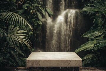 Marble Product Display Platform with Lush Tropical Foliage and Waterfall Backdrop.
