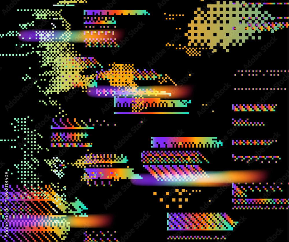 Poster abstract bright retrofuturistic vector background with glitch art artifacts in holographic neon colo