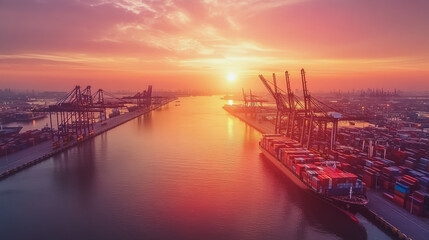 Container truck in ship port for business Logistics and transportation of Container Cargo ship and Cargo plane with working crane bridge in shipyard at sunrise, logistic import export and transport