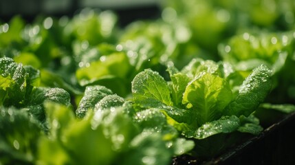 Lettuce heads grow in neat rows, their vibrant green leaves covered in glistening dew drops. The early morning light reveals a productive garden rich with life and freshness.