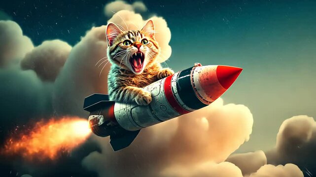Adventurous cat riding rocket through clouds in dynamic space sky journey