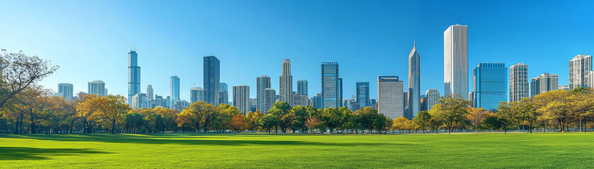 Obraz premium vibrant city skyline with modern buildings against clear blue sky, surrounded by lush green parkland and autumn foliage
