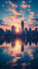 Fototapeta premium Stunning sunset over city skyline reflecting on water, vibrant colors