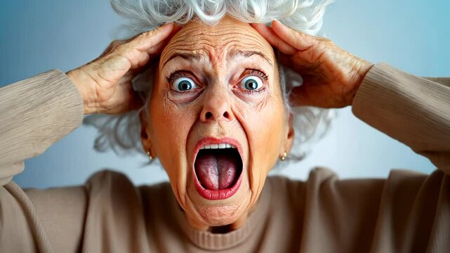 Elderly woman reacts with surprise and shock in fun sequence. Shocked surprised old lady