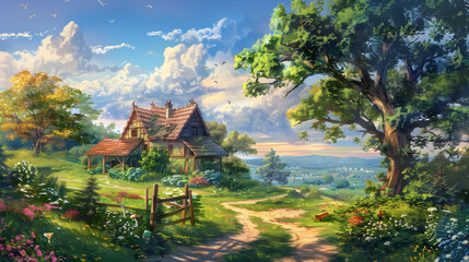 Serene countryside scene featuring a charming cottage surrounded by vibrant flowers and lush greenery