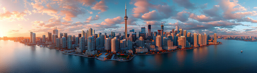 Stunning skyline of Toronto at sunset, showcasing modern architecture and vibrant colors reflecting on water