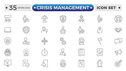Crisis Management web icons in line style. Logistics, business process, maintenance, supply chain, improvement, planning, Audit, processing, operation collection. Editable stroke outline icon.
