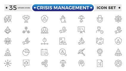 Crisis Management web icons in line style. Logistics, business process, maintenance, supply chain, improvement, planning, Audit, processing, operation collection. Editable stroke outline icon.
