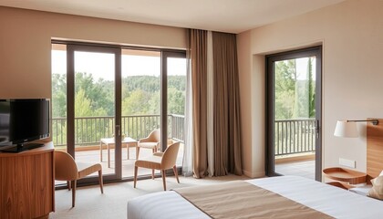 H&ocirc;tel avec balcon et vue sur la for&ecirc;t. Chambre en b&eacute;ton beige avec terrasse et vue sur le paysage nature