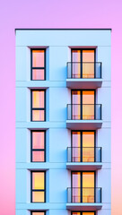 Fototapeta premium Modern building with balconies and colorful sunset sky