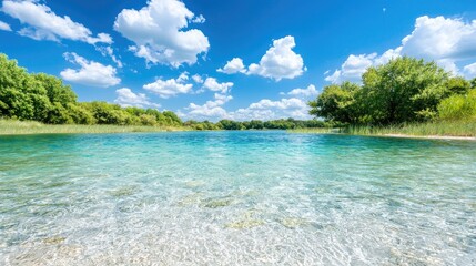 Fototapeta premium Crystal-clear lake, sunny day, lush greenery, tranquil scene, summer vacation