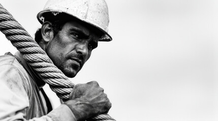 Obraz premium Highrise construction worker safety. A focused construction worker in a hard hat grips a rope, highlighting determination and strength in a monochrome setting.