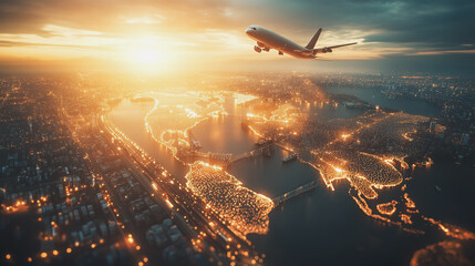 Container truck in ship port for business Logistics and transportation of Container Cargo ship and Cargo plane with working crane bridge in shipyard at sunrise, logistic import export and transport