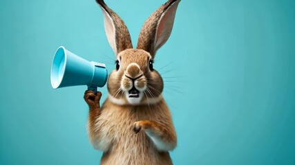 Funny Easter bunny. Energetic rabbit amplifies announcements with blue megaphone in playful sequence