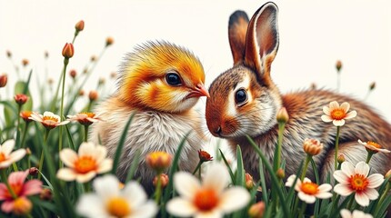Obraz premium Chick and rabbit in a flower field.