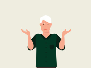 Confused senior man shrugging shoulders and spreading his hands. Concept for confusion, problems,  blaming someone and playing the innocent. vector and illustration.