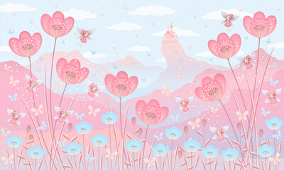 Children's colored wallpaper with a pattern. Stylish illustration of little fairies fluttering among flowers against the background of a magical castle in pink and blue shades. For the children's room