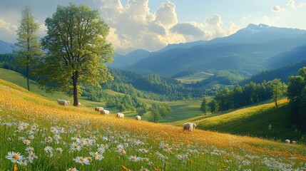 Obraz premium Sheep graze in a mountain meadow of wildflowers