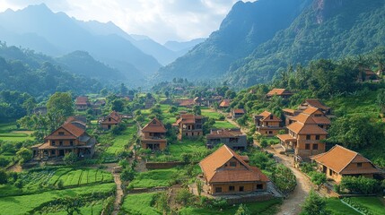 Fototapeta premium Mountain Village Houses Nestled Amongst Lush Green Valley