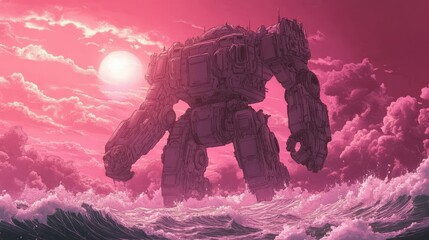 Massive robot strides through the ocean under a pink sky