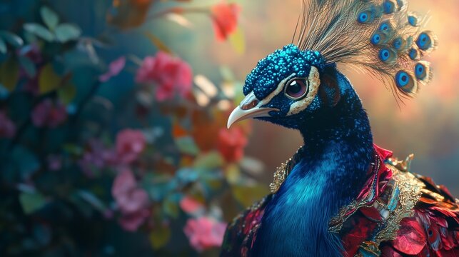 An image of peacock. Portrait of peacock in clothing with a anthropomorphic animal. Abstract abstract abstract with a creative background. A picture lifestyle of a peacock.