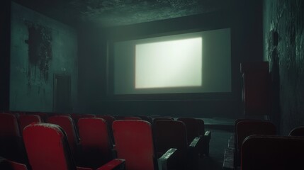 Dark and Grungy Abandoned Movie Theater with Red Seats and Glowing Screen, Decay and Neglect