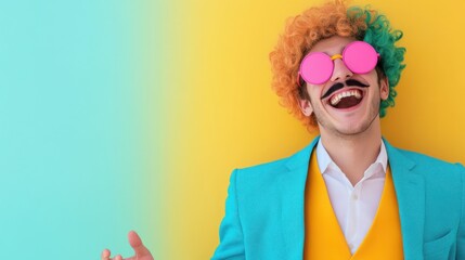 Colorful young caucasian male in clown costume with multicolored wig and sunglasses.