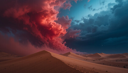 Dramatic red clouds over vast desert sand dunes