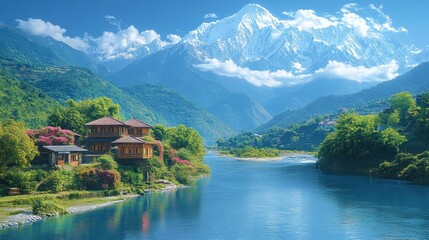 Fototapeta premium Mountain River House Scenic Landscape View