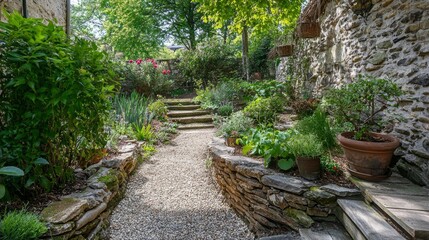 Tranquil Garden Pathway Surrounded by Lush Greenery and Stones