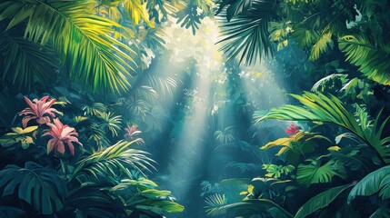 Tropical rainforest with dense greenery, exotic plants, and rays of light breaking through foliage, in a vibrant, untouched style.