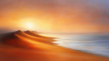 Desert sunset, dunes meet ocean, hazy sky, coastal landscape, travel poster