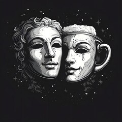 Two masks, one classic theatre comedy and one tragedy-beer mug hybrid with beer foam, float on a black starscape, symbolizing contrasting emotions in a unique design.