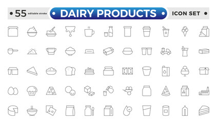 Milk and dairy products outline icon. Natural cow's milk and fermented milk products, cheese, cream, sour cream, and cottage cheese. Web line icon.  Editable stroke outline icon.
