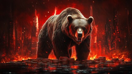 A bear standing on a pile of coins against a collapsing red market background, symbolizing a bear market.
