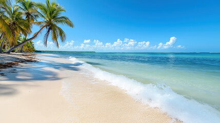 Tropical beach with soft white sand, gentle waves, and swaying palm trees under a bright blue sky