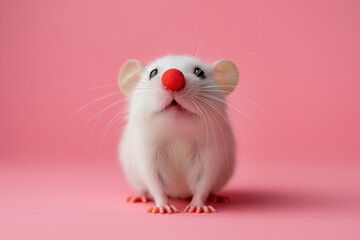 A cute white rat with a red clown nose sits on a pink background. Humorous image. April Fool's Day Banner