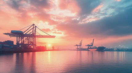 Obraz premium Container truck in ship port for business Logistics and transportation of Container Cargo ship and Cargo plane with working crane bridge in shipyard at sunrise, logistic import export and transport