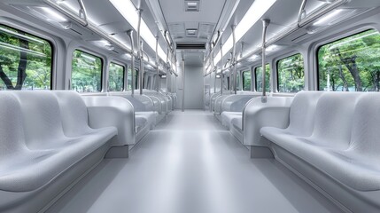 Fototapeta premium Empty modern train car, city view, transit, travel