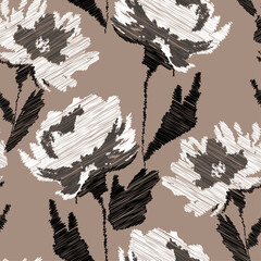 Hand draw abstract flowers pattern. Seamless doodle flowers pattern design. Textile print pattern