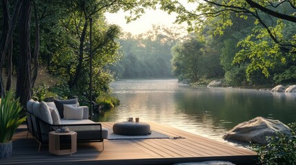 Fototapeta premium Serene Lakeside Retreat with Cozy Seating and Lush Green Surroundings