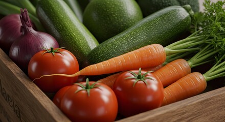 Fresh Vegetables in Wooden Crate Tomatoes Carrots Zucchini Onion Avocado
