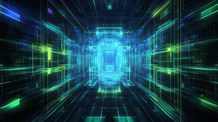 Obraz premium Abstract Neon Digital Tunnel Futuristic Technology Background with Glowing Grid Lines and Geometric Shapes.